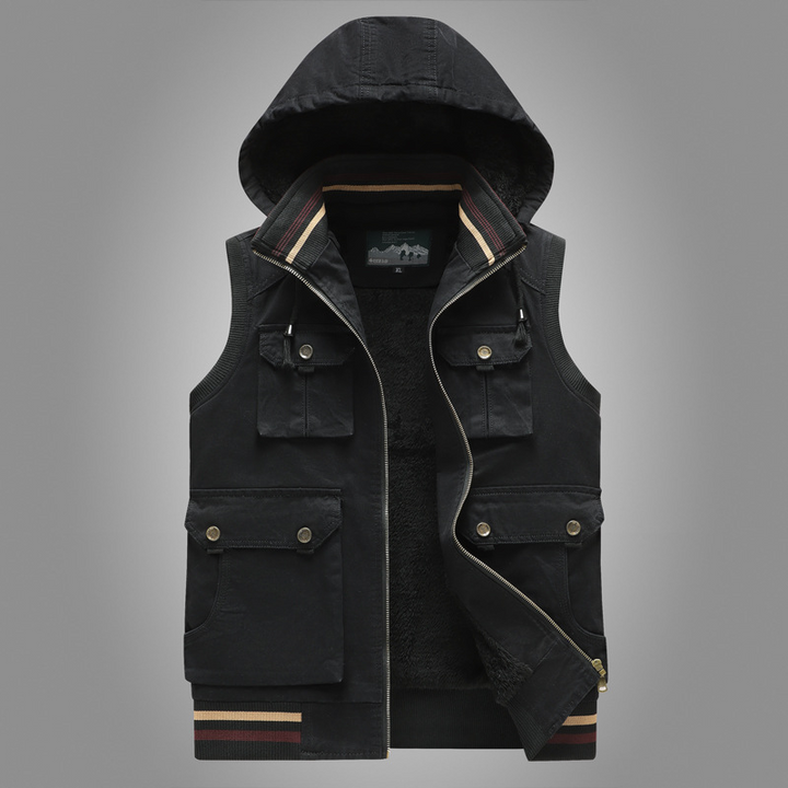 Close-up of a men's black utility vest with fleece lining, perfect for winter and casual outings