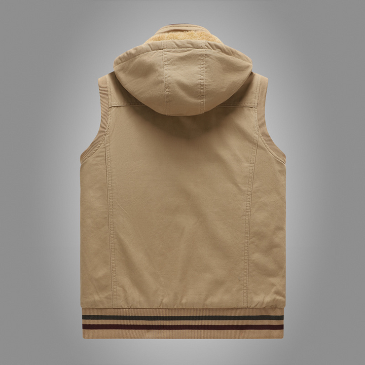 Model wearing a men's fleece-lined utility vest, functional and warm for cold weather