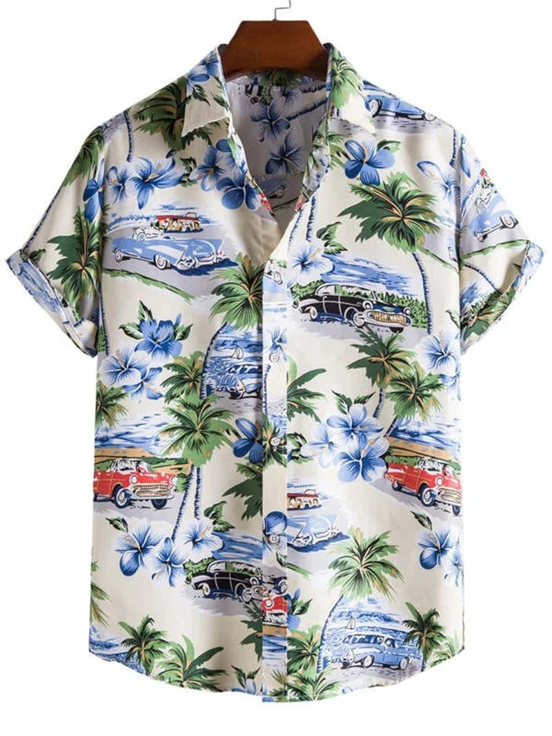 Relaxed fit men's button-down shirt, stylish floral print, short-sleeve, summer fashion.