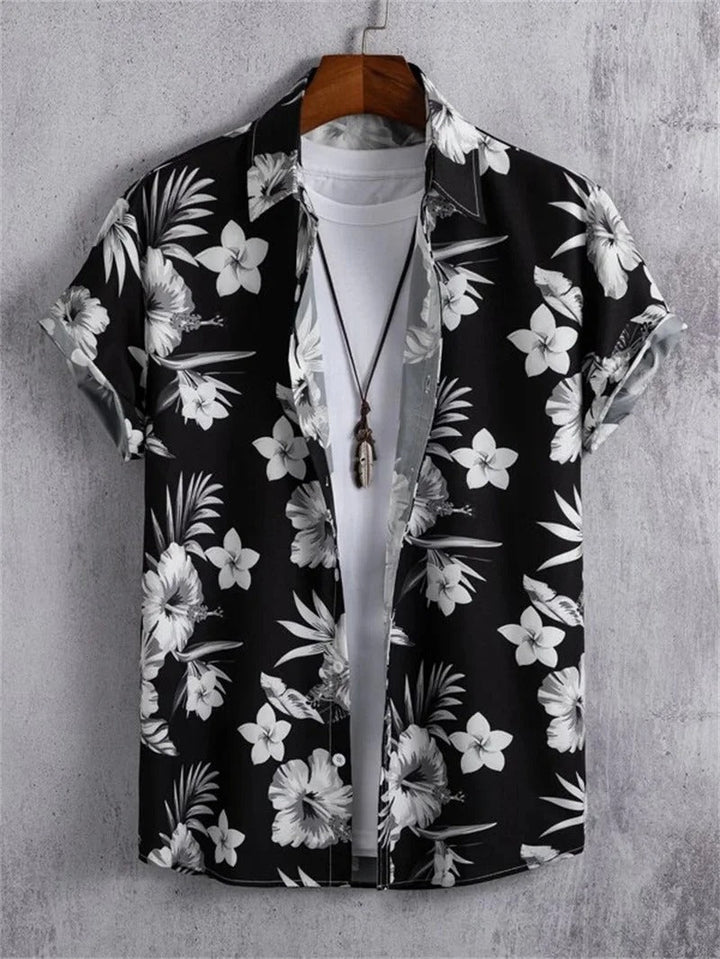 Lorenzo men's floral print short-sleeve shirt, stylish camp collar, relaxed fit for summer.