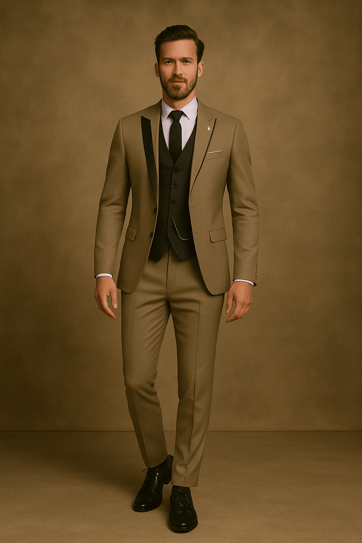 Men's fashionable three-piece suit paired with a crisp white shirt, formal and stylish