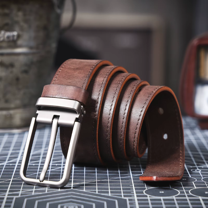 Dark brown full-grain leather belt, carefully crafted for men's casual and jean styles
