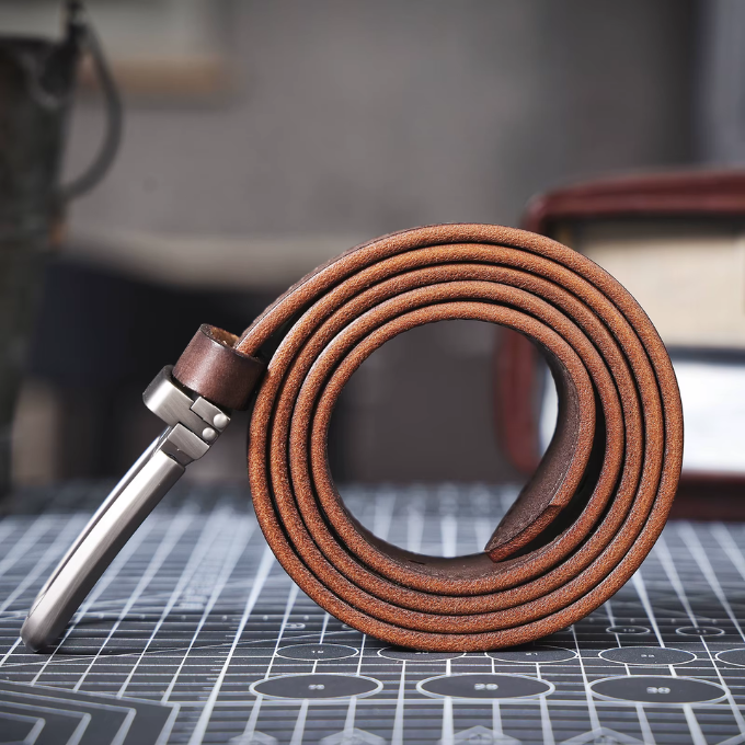 Detailed seam work on a men's dark brown full-grain leather belt, signifying quality