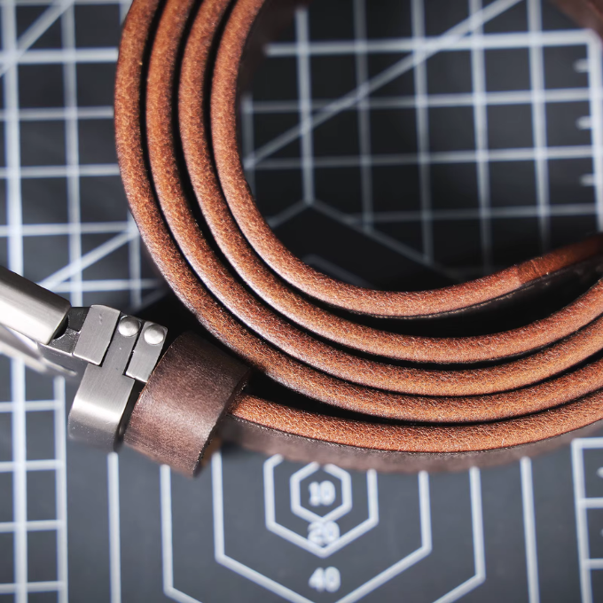 Array of men's full-grain leather belts in various sizes, brown, black, dark brown