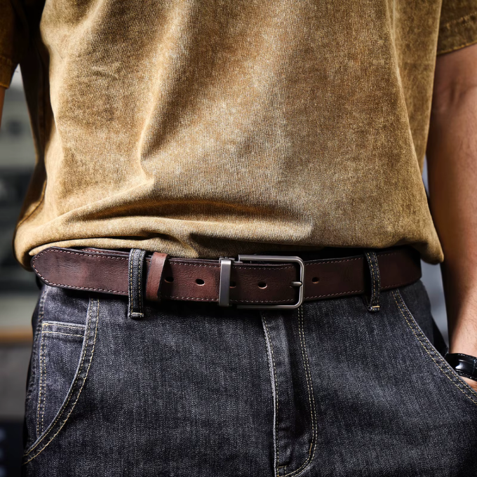 Fashionable dark brown full-grain leather belt for men, enhancing any casual outfit