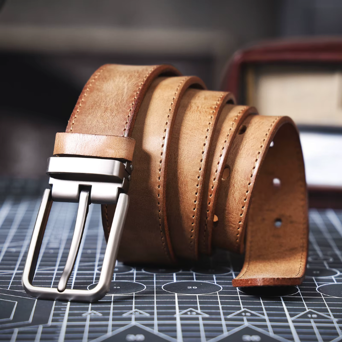 Men's full-grain leather belt in a rich brown color, ideal for everyday casual outfits
