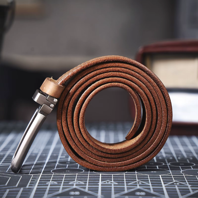 Men's accessory: dark brown full-grain leather belt, adding a rugged touch to casual style