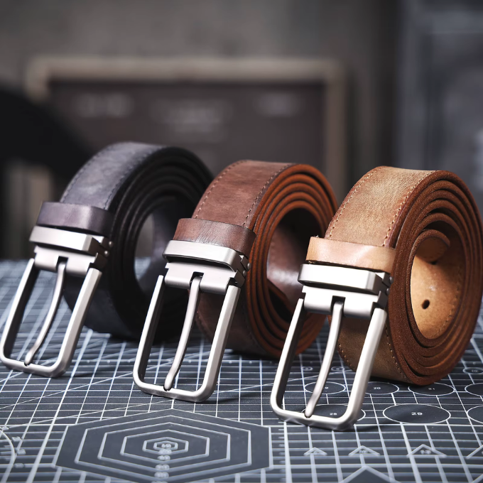 Multiple men's full-grain leather belts: brown, black, dark brown, for casual elegance