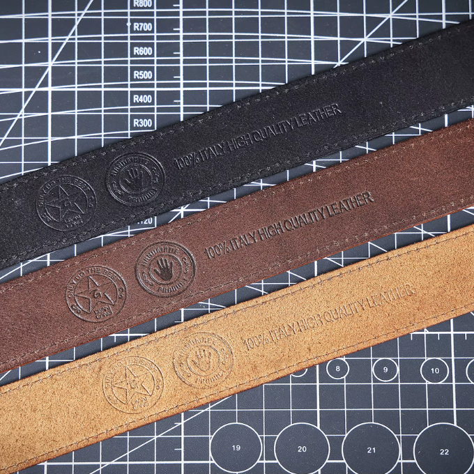 Casual men's full-grain leather belt collection, featuring brown, black, and dark brown options