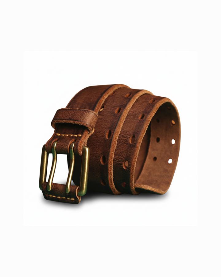 Men's full-grain brown leather belt with rugged double-prong buckle, durable mens accessory.