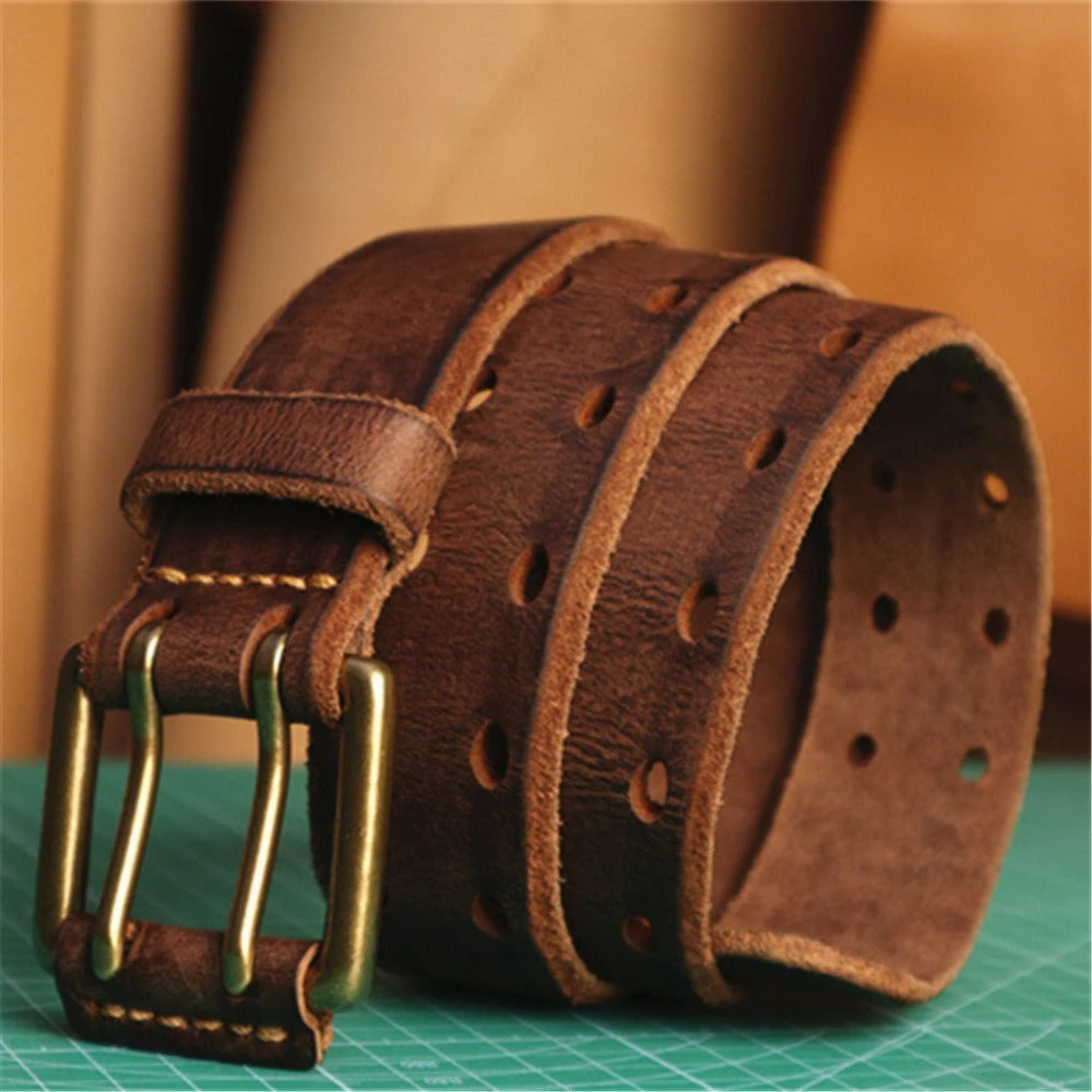 Classic black full-grain leather belt for men, featuring a robust double-prong buckle.