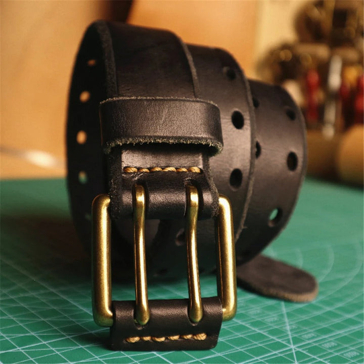 Men's full-grain leather belt in dark brown, perfect for a rugged and stylish look.