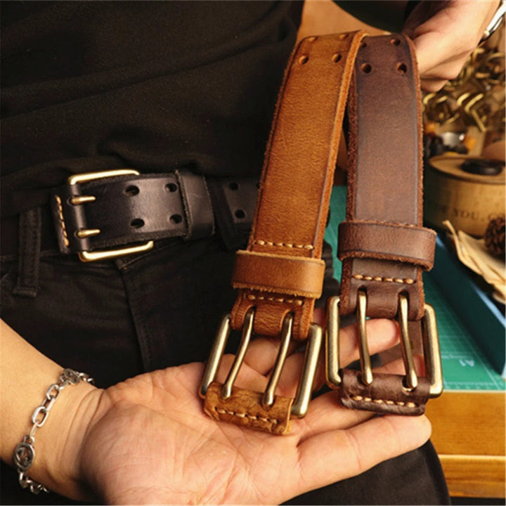 Stylish men's full-grain leather belt with double-prong buckle, available in black, brown & light brown.