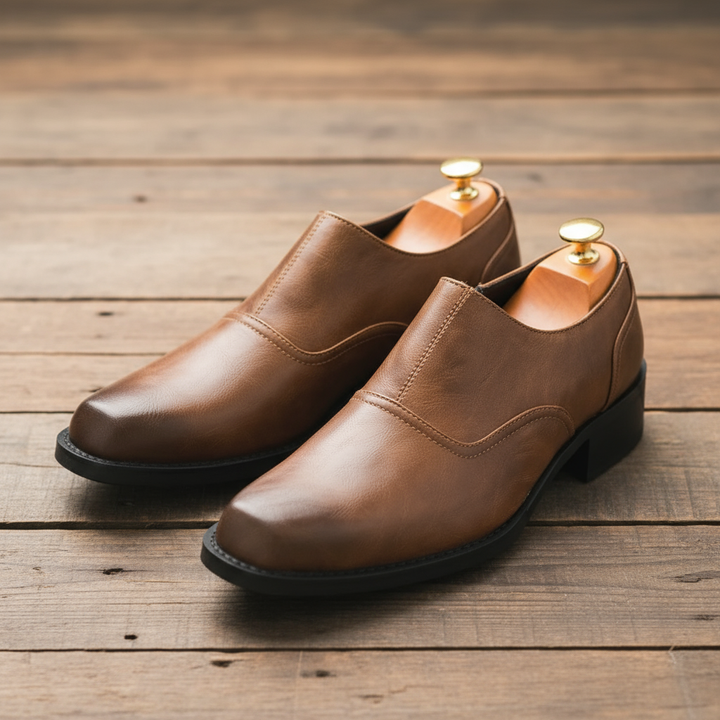 Close-up of the rugged outsole of men's full-grain work boots, built for traction.
