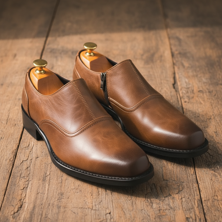 Pair of men's black full-grain leather work boots, side view, showing craftsmanship.