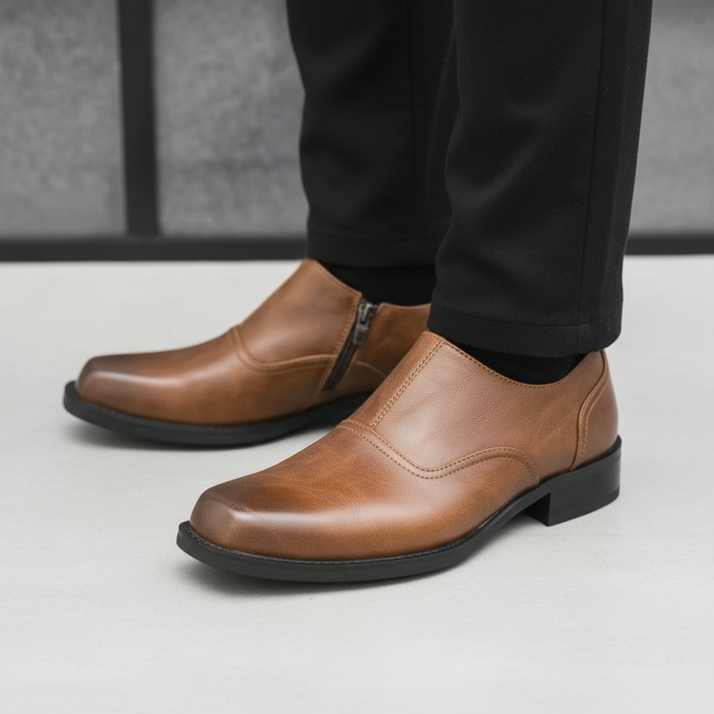 Men's full-grain leather work boots in a classic brown, designed for tough jobs.