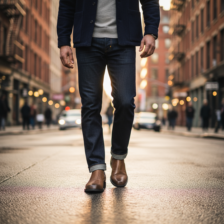 Detail of the full-grain leather texture on men's work boots, showcasing durability.