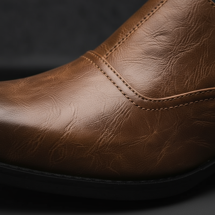 A man wearing men's full-grain brown leather work boots in an outdoor setting.