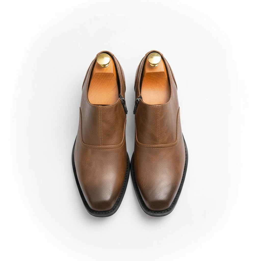 Men's black full-grain leather work boots with reinforced stitching, ready for work.