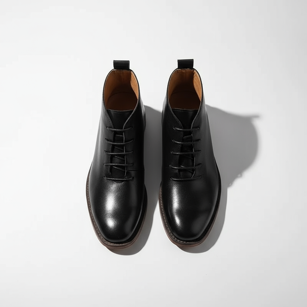 Stylish men's full-grain leather ankle boots paired with classic denim, perfect for a casual look.