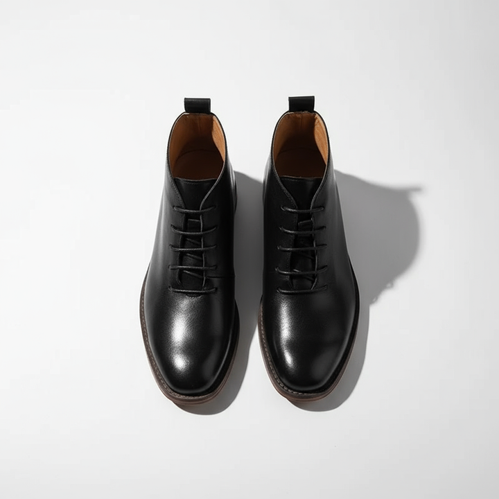 Stylish men's full-grain leather ankle boots paired with classic denim, perfect for a casual look.