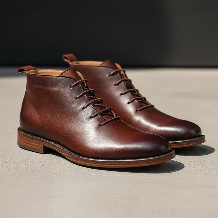 Close-up of the rich full-grain leather texture on these men's ankle boots, perfect for everyday wear.