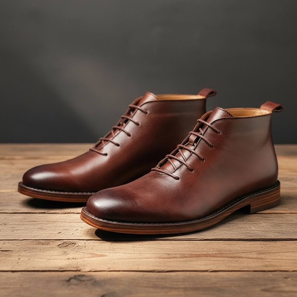 Side profile of men's durable full-grain leather ankle boots, showcasing the Goodyear welt stitching.