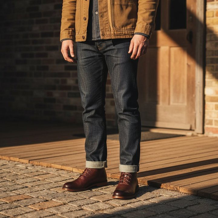 Detail of the sturdy lacing system on men's full-grain leather ankle boots, secure and stylish.