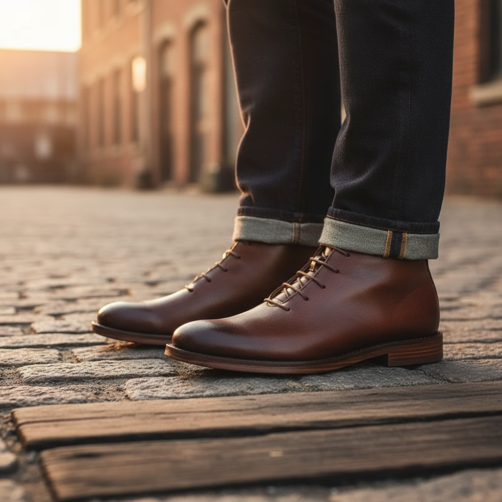 Back view of men's leather boots, highlighting the quality full-grain material and ankle design.