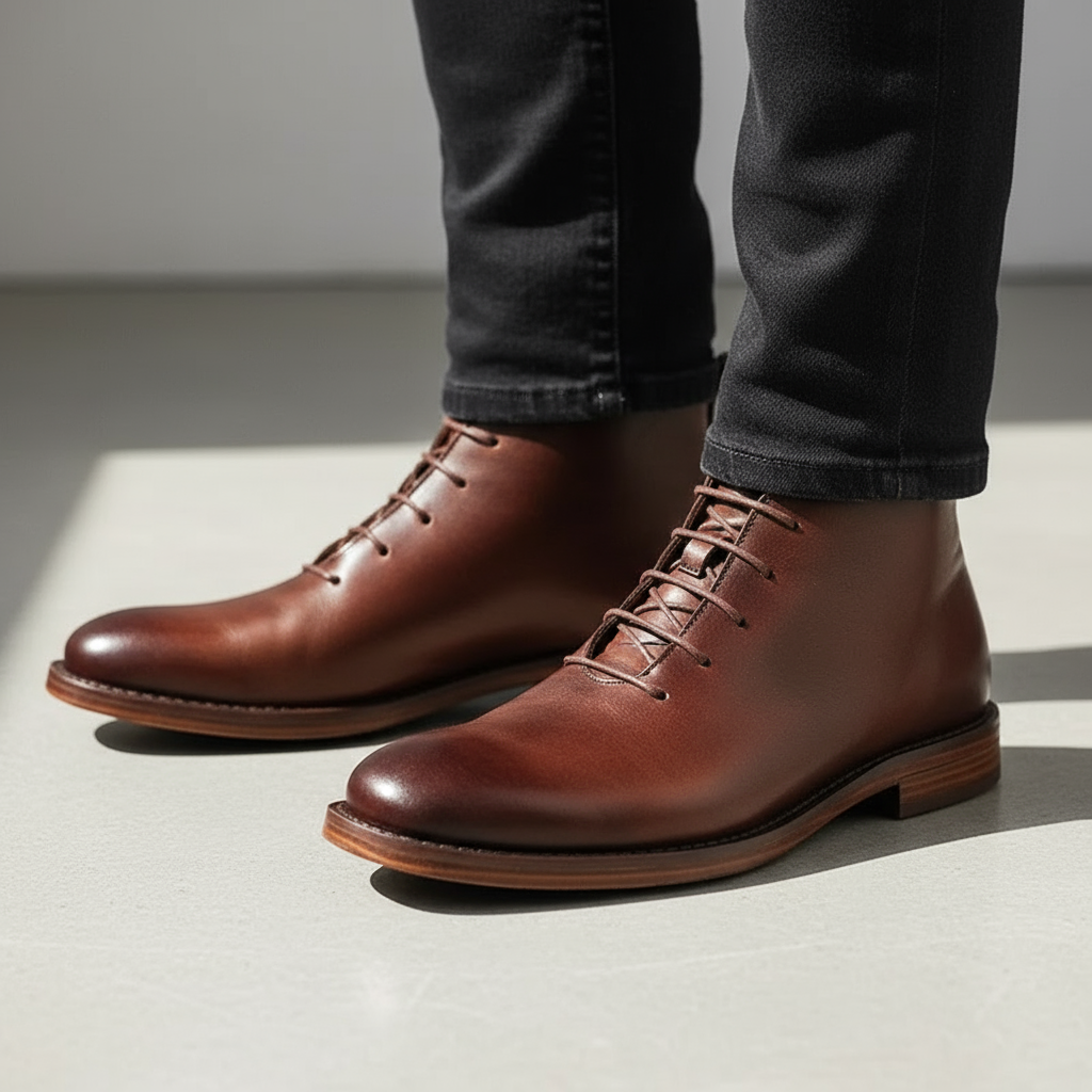 Slightly angled shot of men's full-grain leather ankle boots, a versatile and classic footwear option.