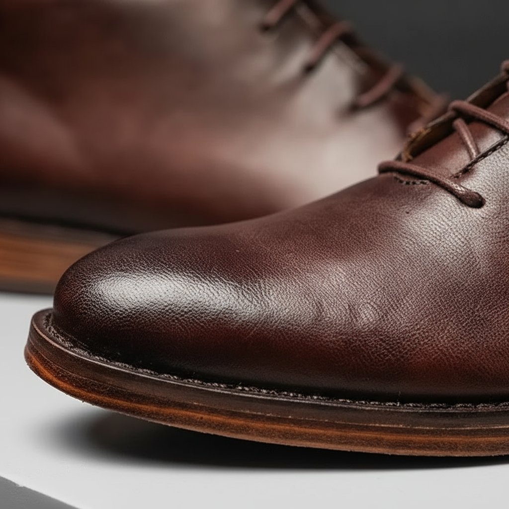 The sole of a men's full-grain leather ankle boot, designed for excellent traction and everyday comfort.