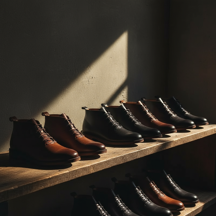 Close-up on the Goodyear welt construction of men's durable leather boots, ensuring repairability.