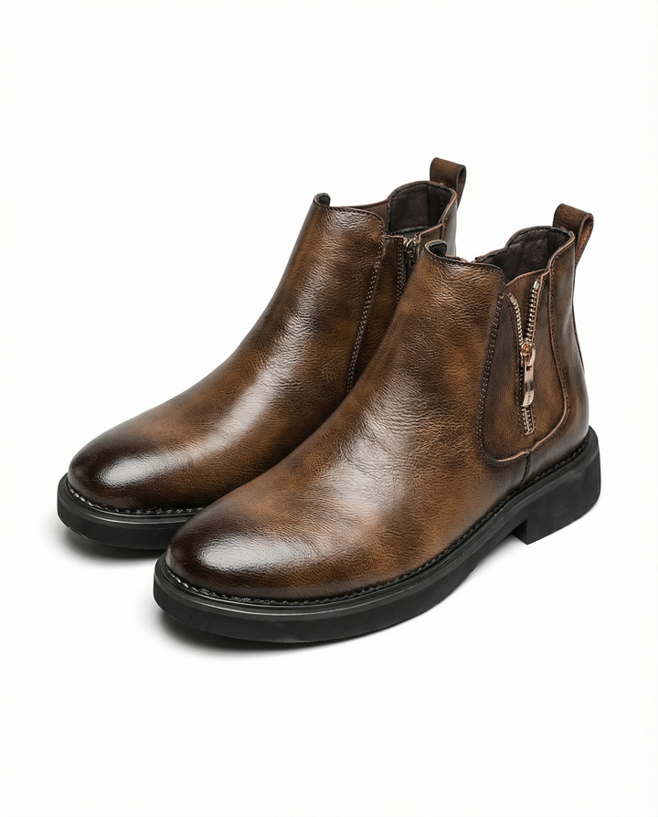 Men's full-grain leather ankle boots in rich brown, featuring a side zip for easy wear, durable construction