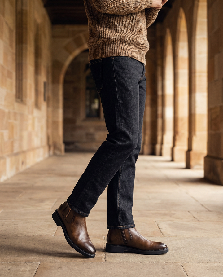 Men's dress and casual full-grain leather ankle boots in a classic brown, showcasing the sturdy design and side zipper