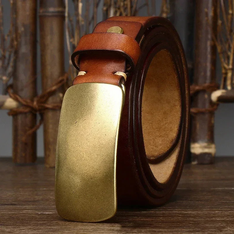 Men's full grain leather belt, handcrafted, with a durable forged brass buckle. Vintage style cowhide.