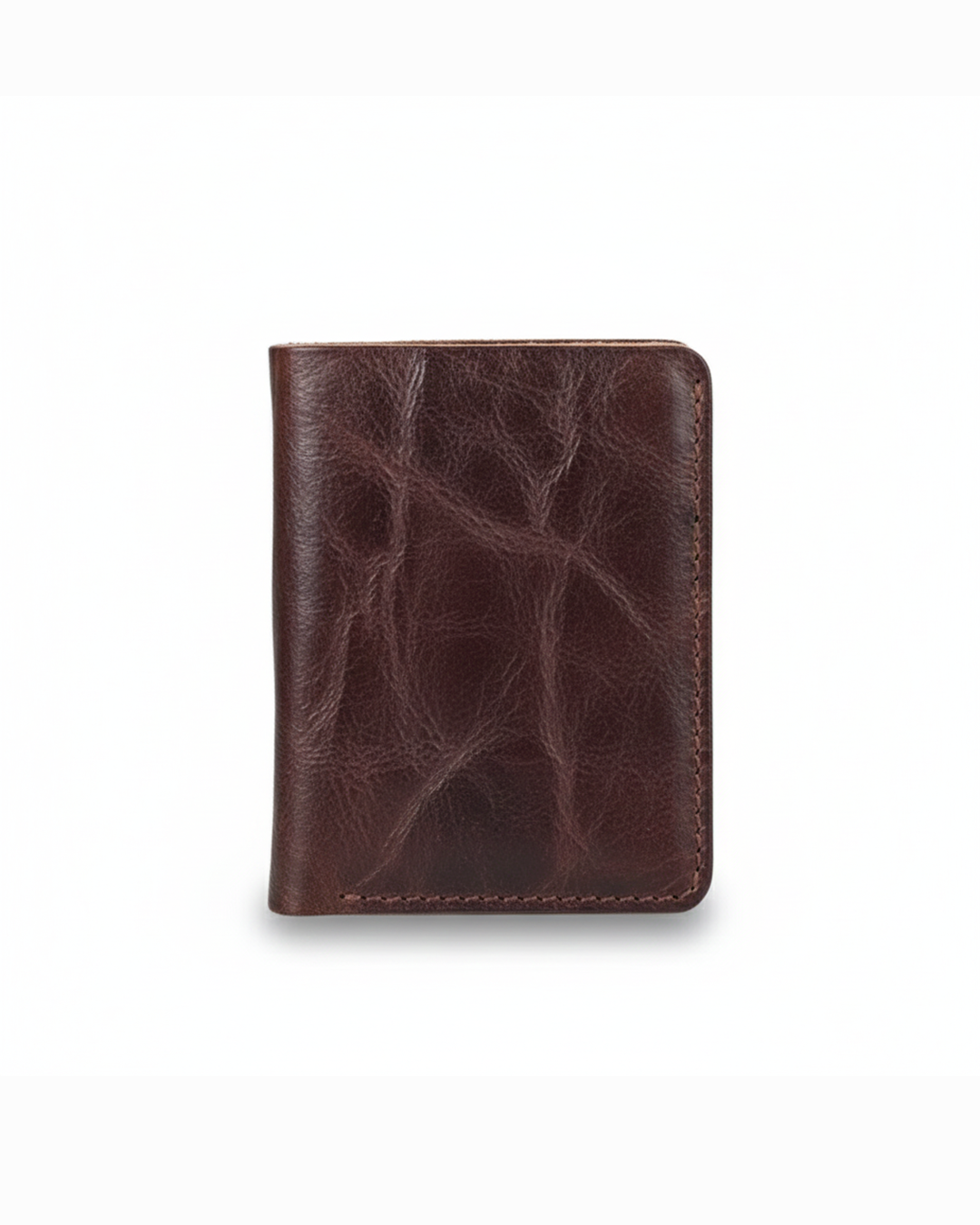 Men's full-grain leather bi-fold wallet, rich brown, showcasing durable construction and slim design.