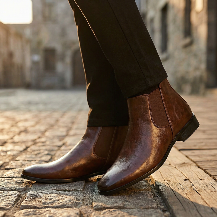 Stylish dark brown full-grain leather Chelsea boots, three-quarter view, ideal for casual and dress wear