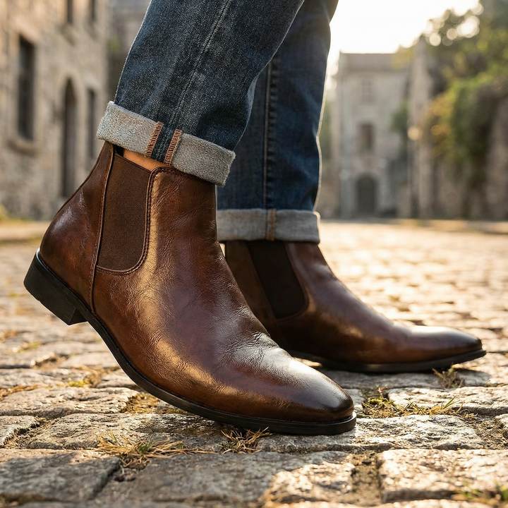 Detailed shot of the full-grain leather texture on men's black Chelsea boots, high-quality material