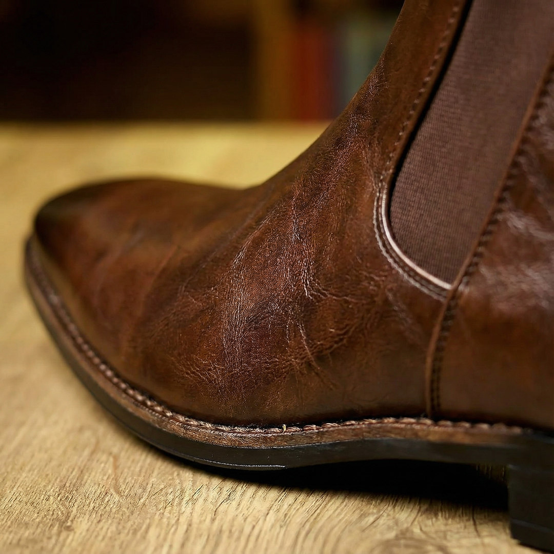 Side profile of a men's full-grain leather Chelsea boot, showcasing the comfortable slip-on design