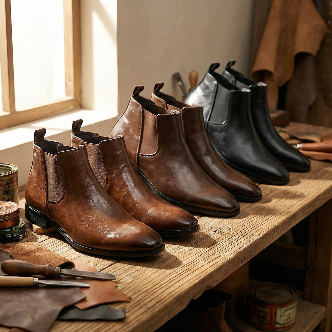 Two-tone full-grain leather Chelsea boots for men, unique design, modern mens footwear