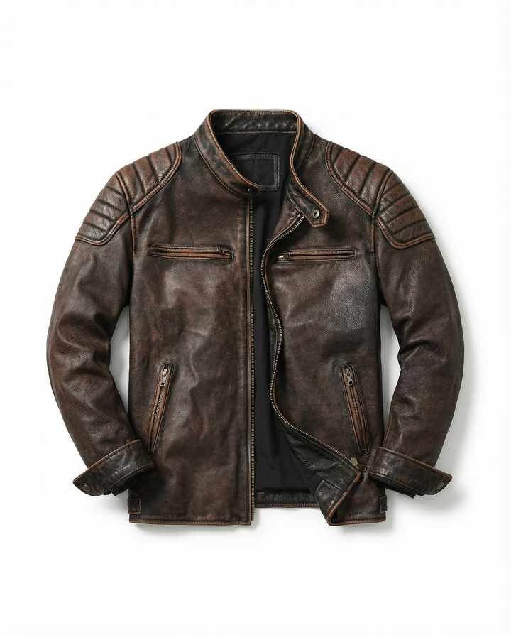 Men's full-grain leather rider jacket, durable outerwear for a classic motorcycle style.