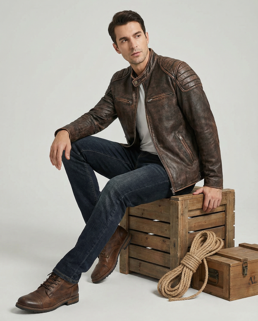 Classic mens full-grain leather rider jacket, perfect for motorcycle enthusiasts and everyday wear.