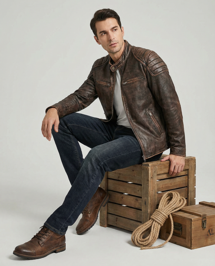 Classic mens full-grain leather rider jacket, perfect for motorcycle enthusiasts and everyday wear.