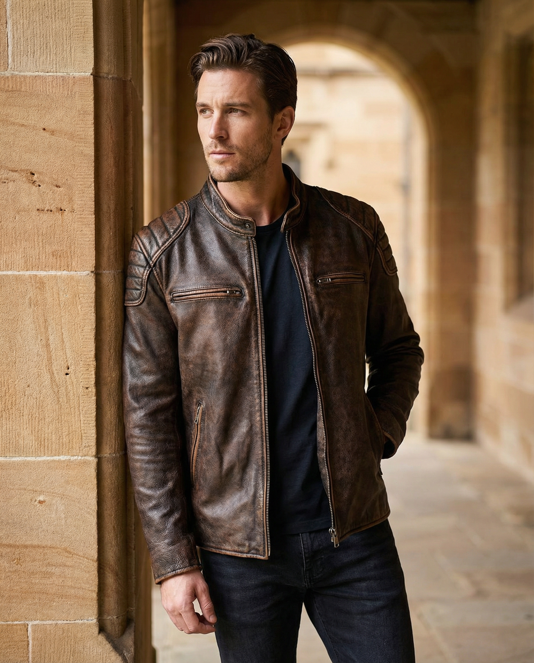Front view of a mens full-grain leather rider jacket, emphasizing its durable construction.