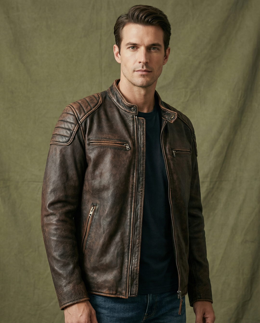 Close-up of the textured full-grain leather on a mens rider jacket, highlighting material quality.