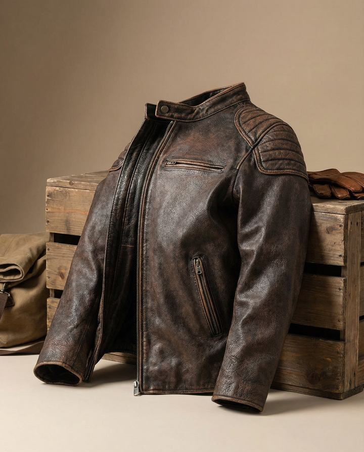 Mens full-grain leather rider jacket with a classic zipper and snap closure, durable outerwear.