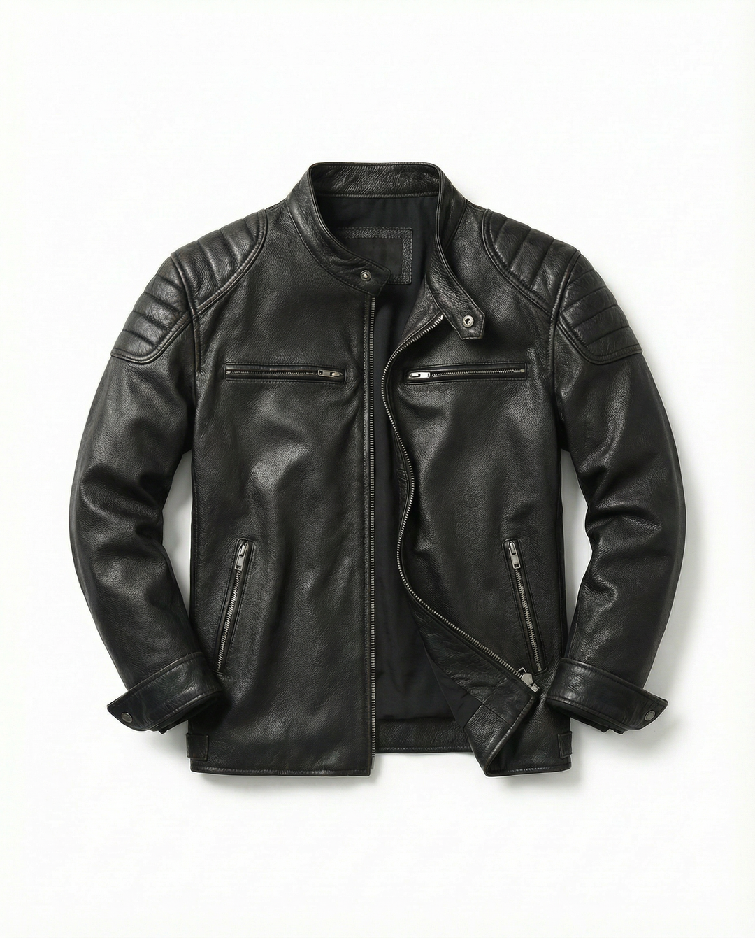 Mens fashion full-grain leather rider jacket, combining durability with a classic, timeless look.