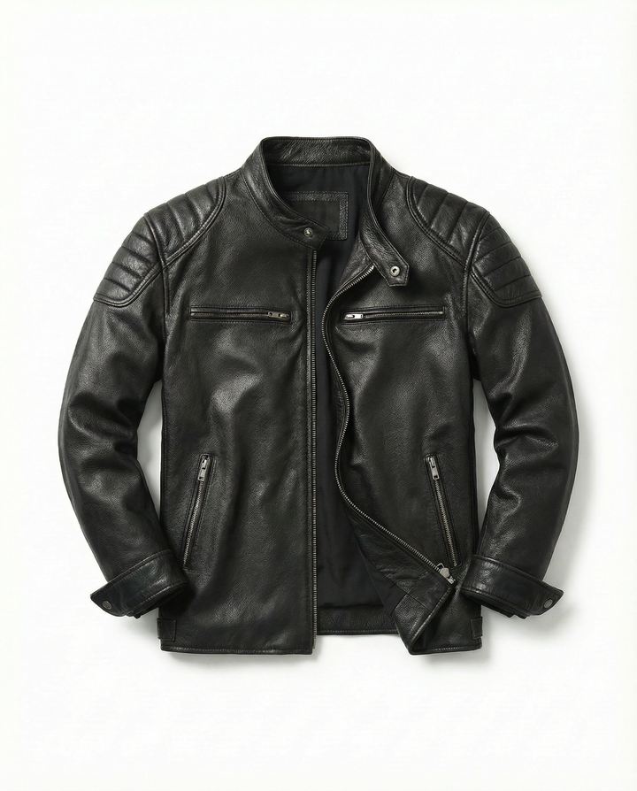 Mens fashion full-grain leather rider jacket, combining durability with a classic, timeless look.
