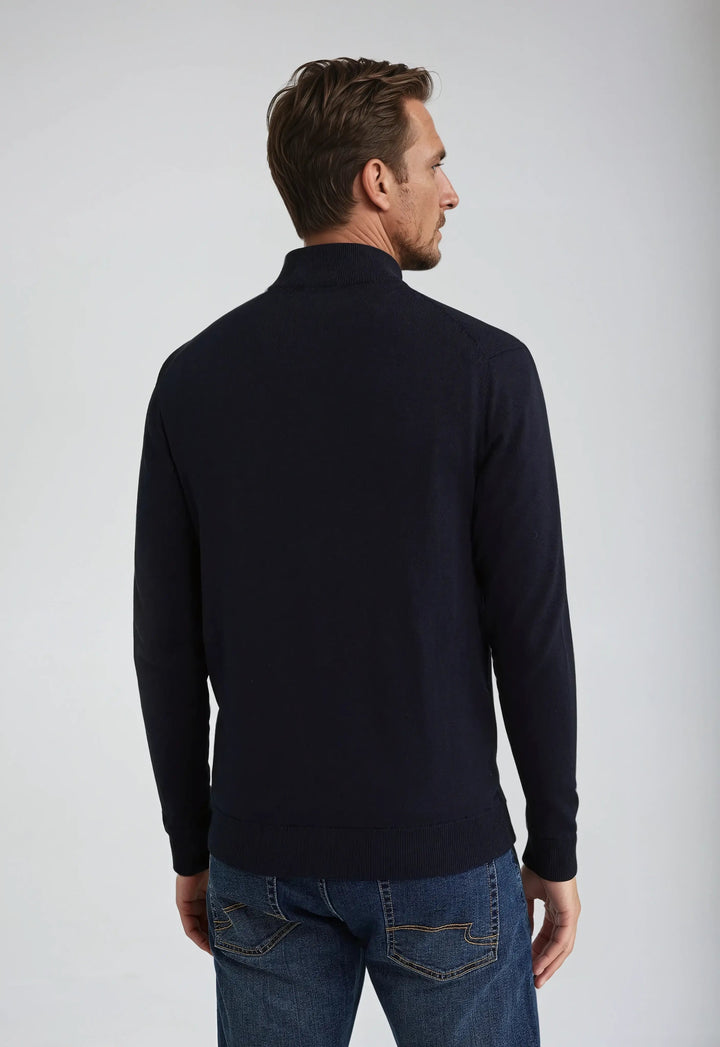 Stylish men's full zip high neck knitwear, black, ideal for comfortable daily wear & colder seasons.