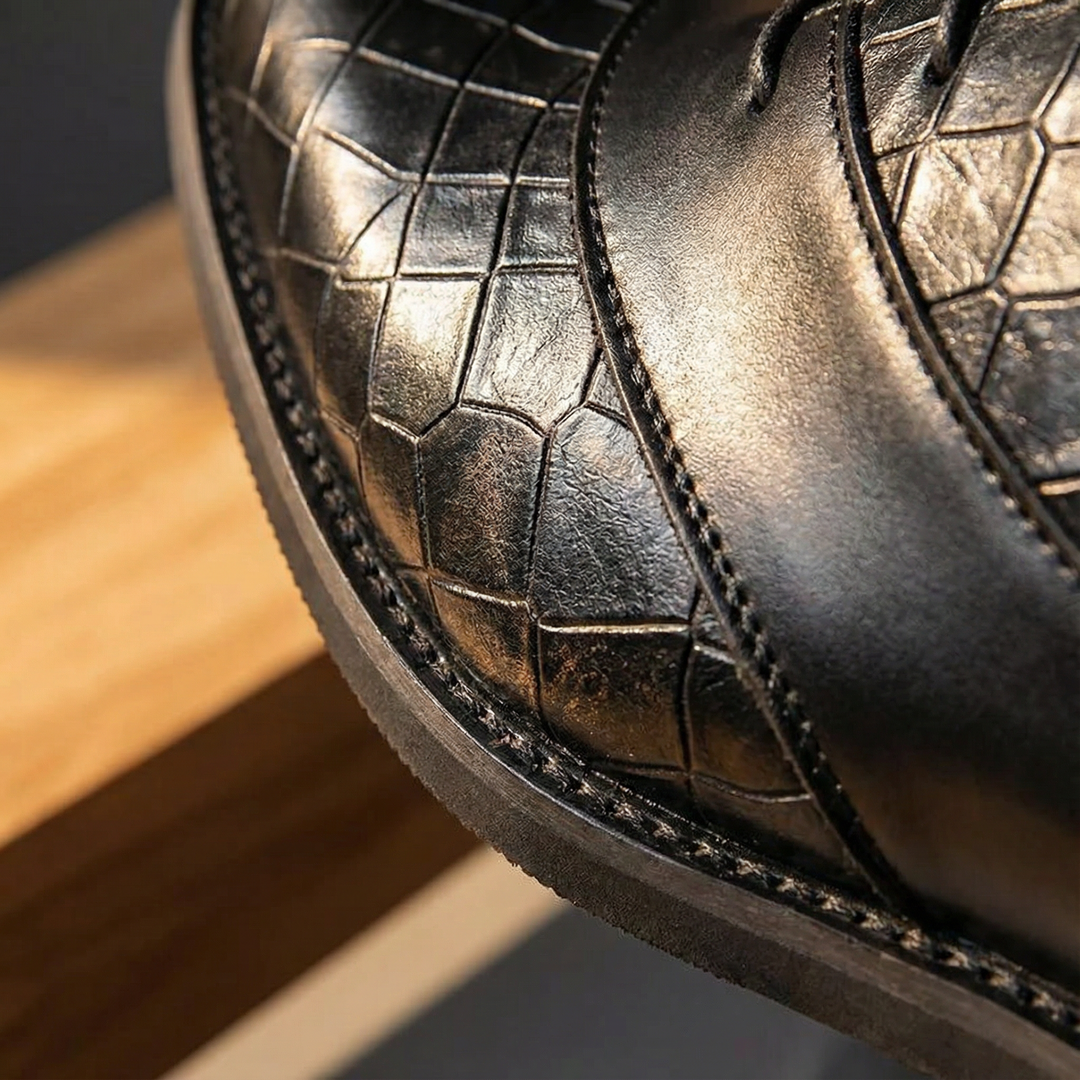Side view of a men's genuine leather Oxford shoe, showcasing its sleek profile and quality